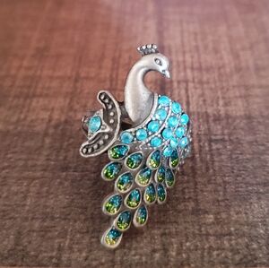 Peacock Brooch with Blue and Green Accents
